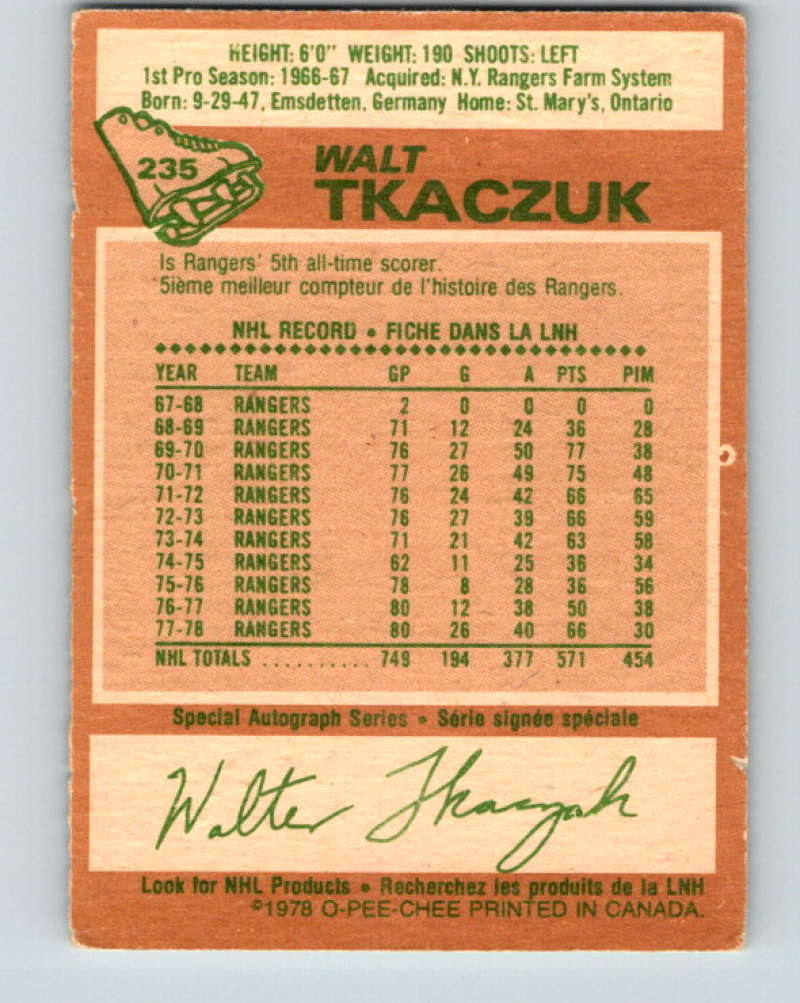 1978-79 O-Pee-Chee #235 Walt Tkaczuk New York Rangers 8534 Image 2