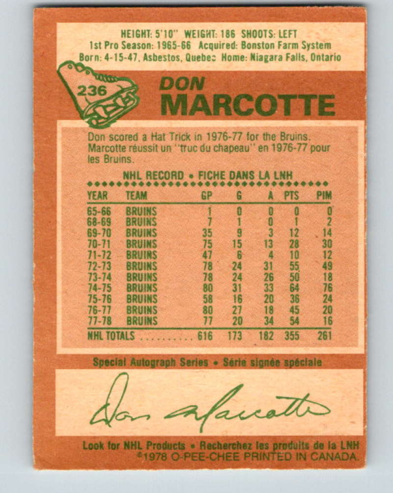 1978-79 O-Pee-Chee #236 Don Marcotte Boston Bruins 8535 Image 2