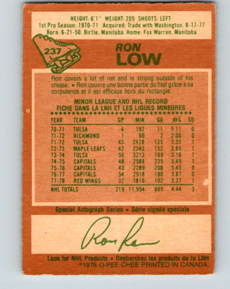 1978-79 O-Pee-Chee #237 Ron Low Detroit Red Wings 8536 Image 2