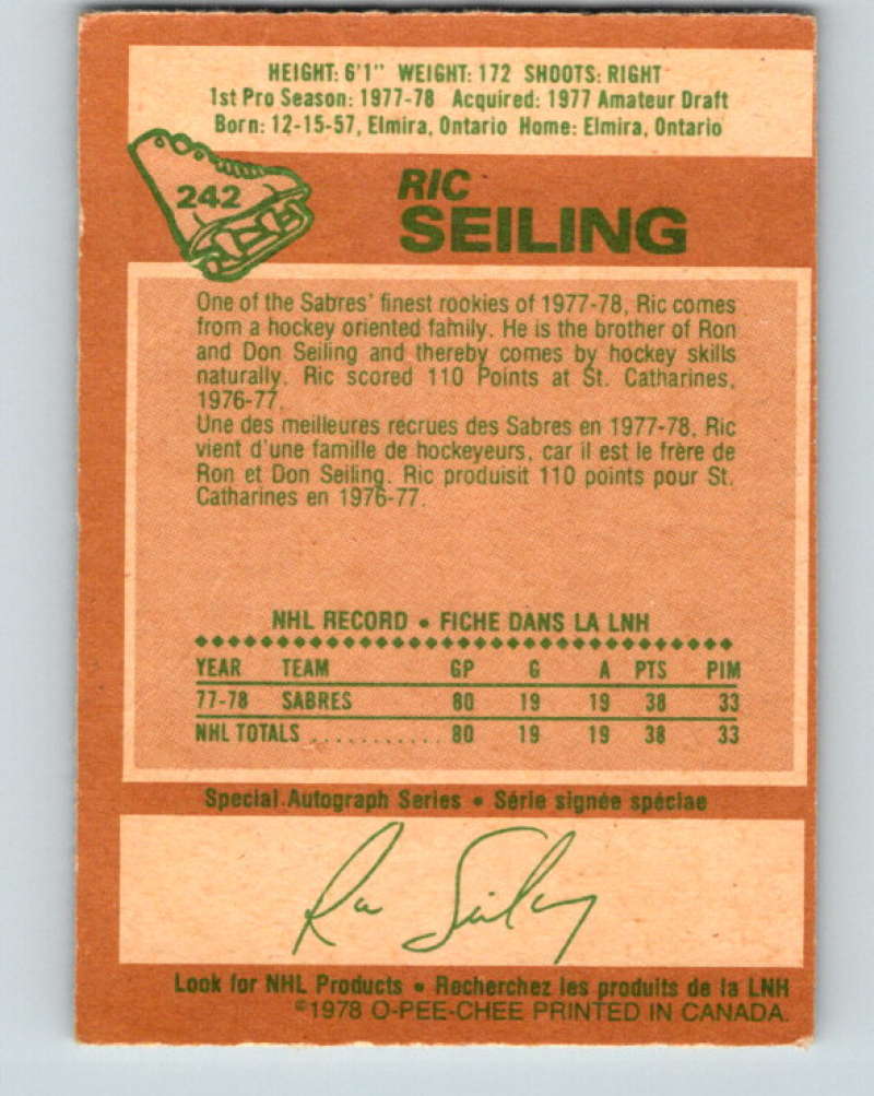 1978-79 O-Pee-Chee #242 Ric Seiling  RC Rookie Buffalo Sabres  8541