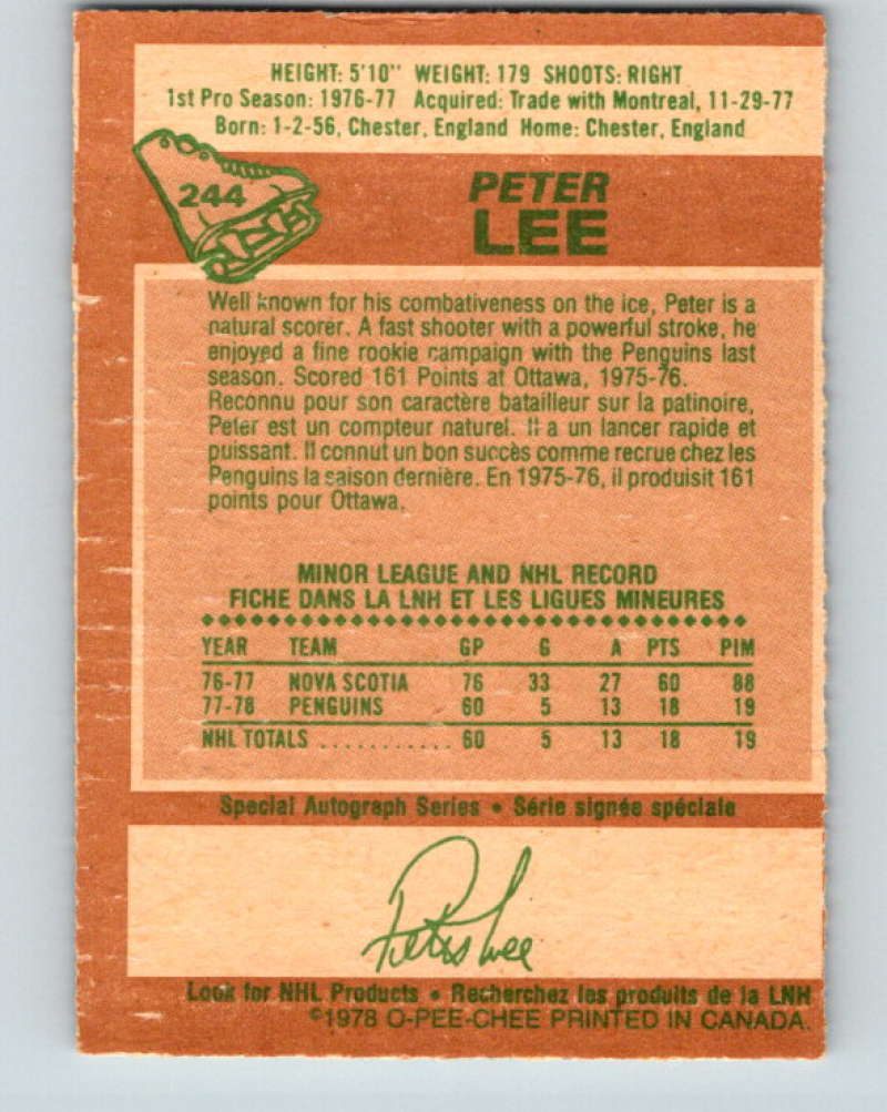 1978-79 O-Pee-Chee #244 Peter Lee RC Rookie Pittsburgh Penguins 8543 Image 2