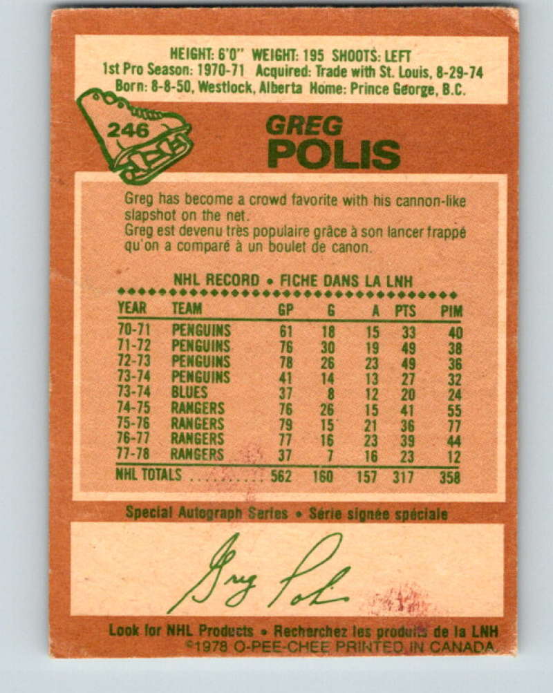 1978-79 O-Pee-Chee #246 Greg Polis  New York Rangers  8545 Image 2