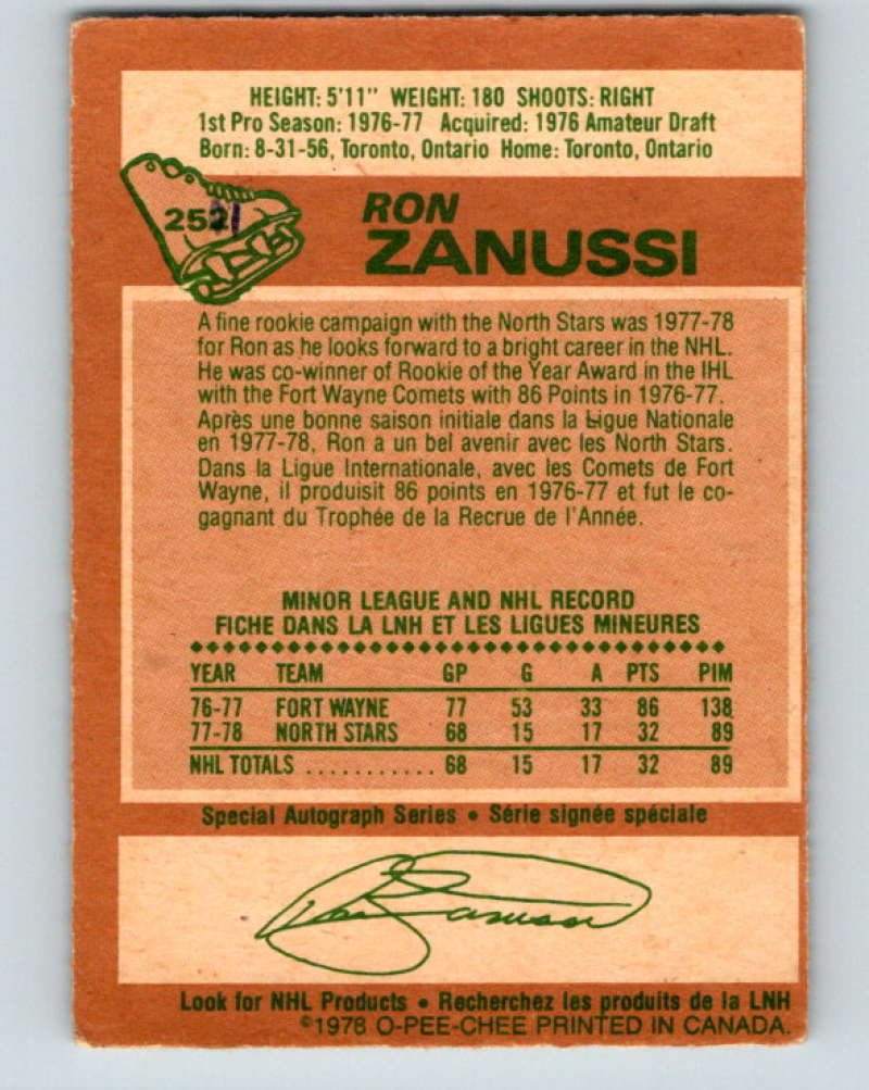 1978-79 O-Pee-Chee #252 Ron Zanussi  RC Rookie Minnesota North Stars  8551 Image 2