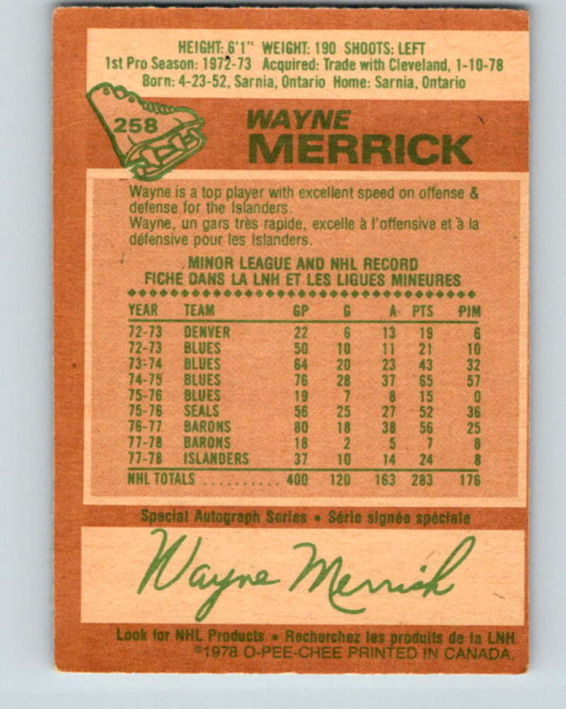 1978-79 O-Pee-Chee #258 Wayne Merrick  New York Islanders  8557 Image 2