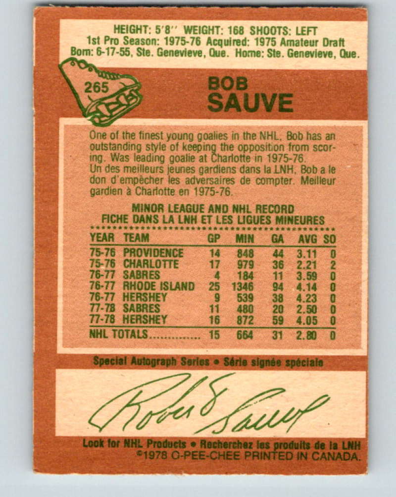 1978-79 O-Pee-Chee #265 Bob Sauve  Buffalo Sabres  8564