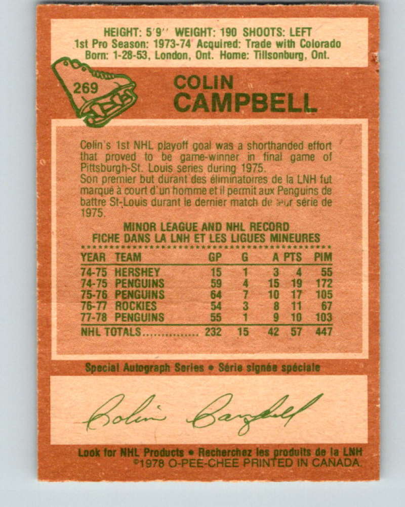 1978-79 O-Pee-Chee #269 Colin Campbell  Pittsburgh Penguins  8568 Image 2