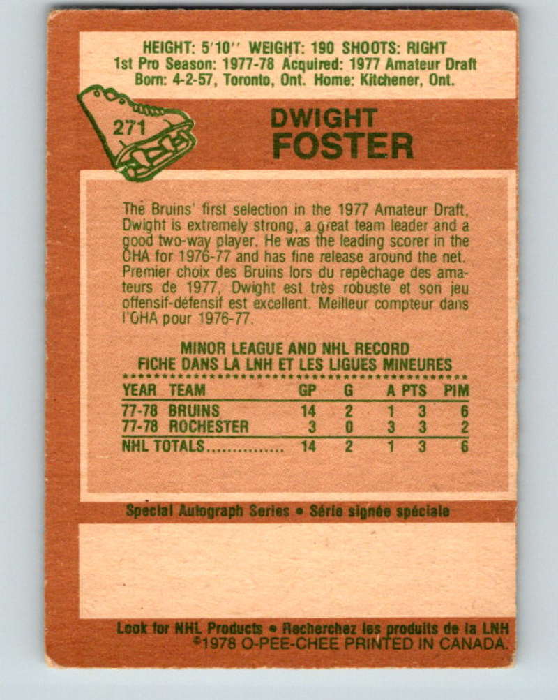 1978-79 O-Pee-Chee #271 Dwight Foster RC Rookie Boston Bruins 8570 Image 2