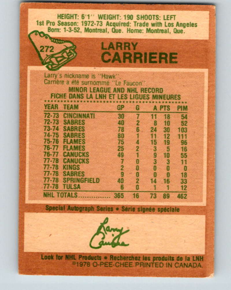1978-79 O-Pee-Chee #272 Larry Carriere Buffalo Sabres 8571 Image 2