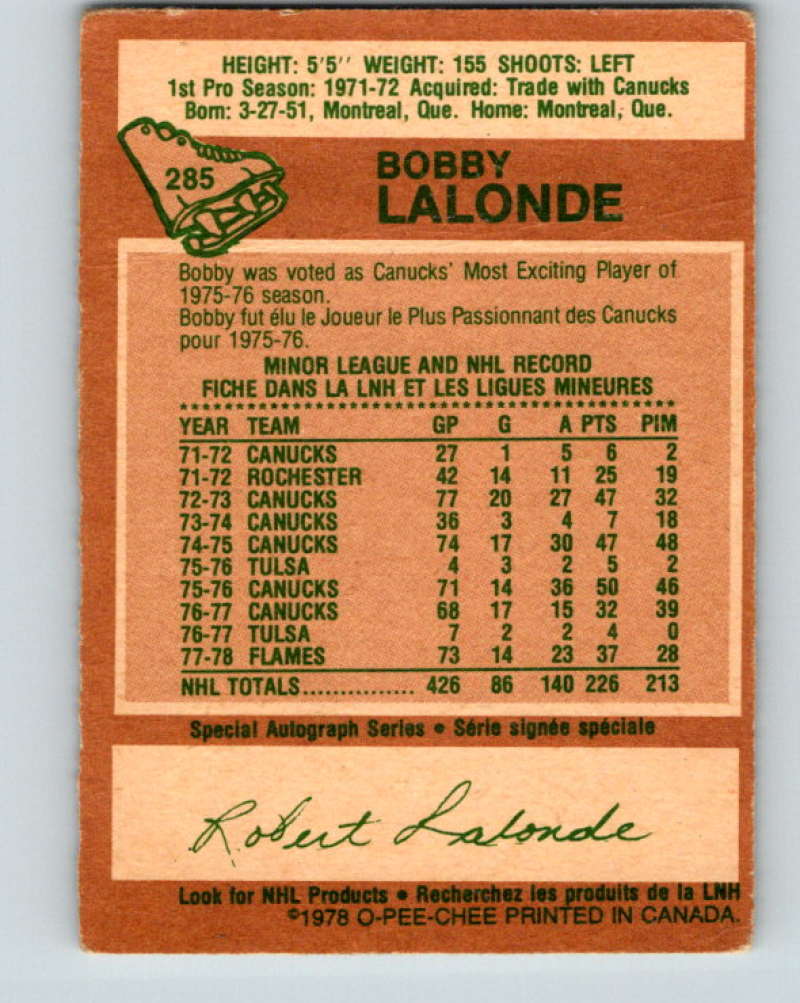1978-79 O-Pee-Chee #285 Bobby Lalonde Atlanta Flames 8584 Image 2