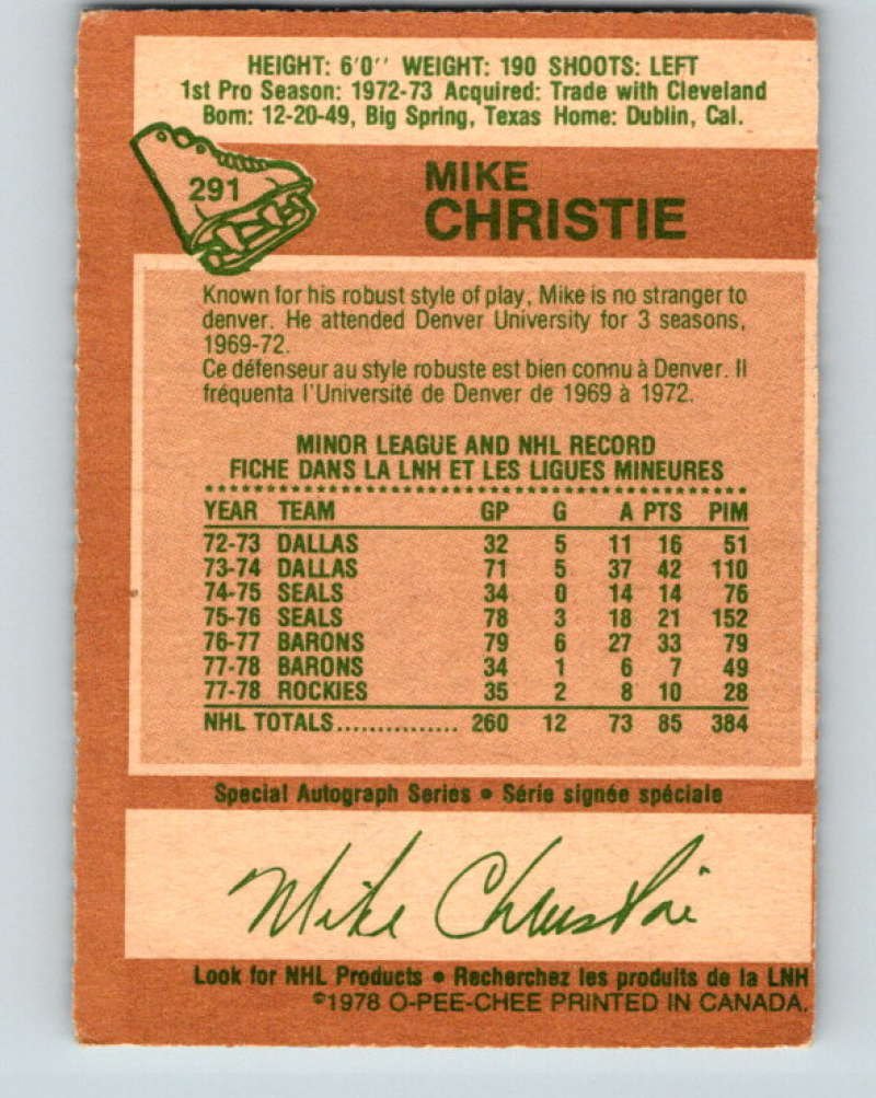1978-79 O-Pee-Chee #291 Mike Christie Colorado Rockies 8590 Image 2