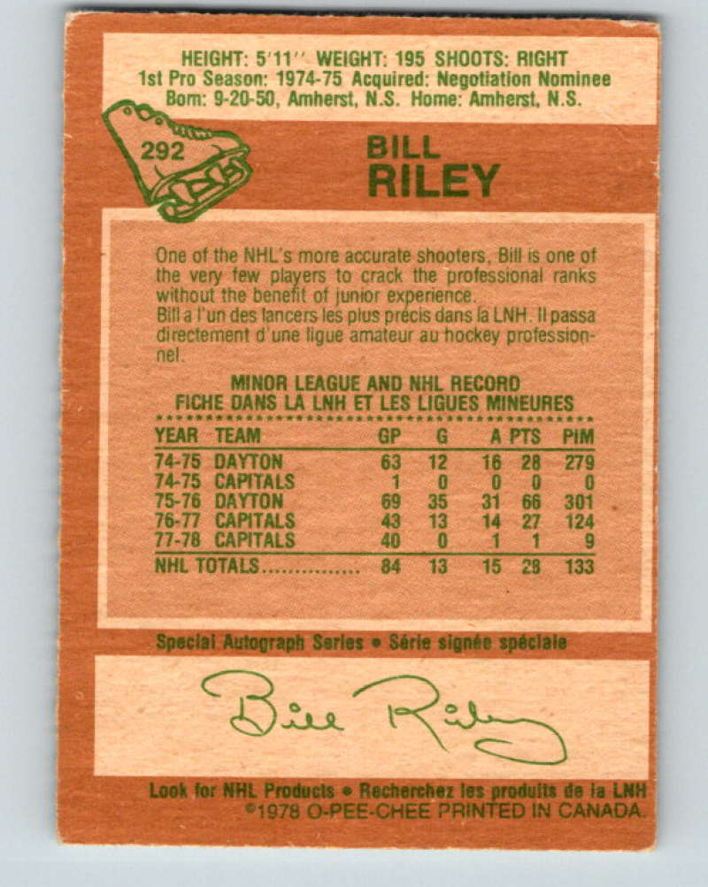 1978-79 O-Pee-Chee #292 Bill Riley  Washington Capitals  8591 Image 2