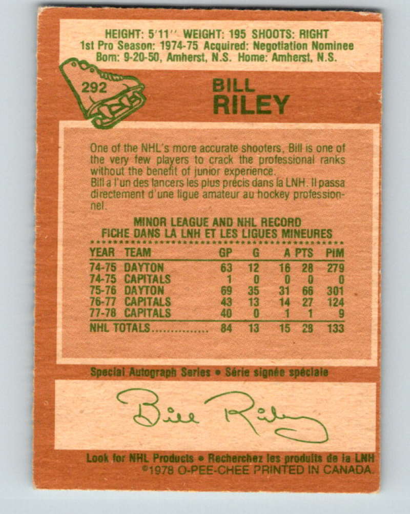 1978-79 O-Pee-Chee #292 Bill Riley Washington Capitals 8591 Image 2
