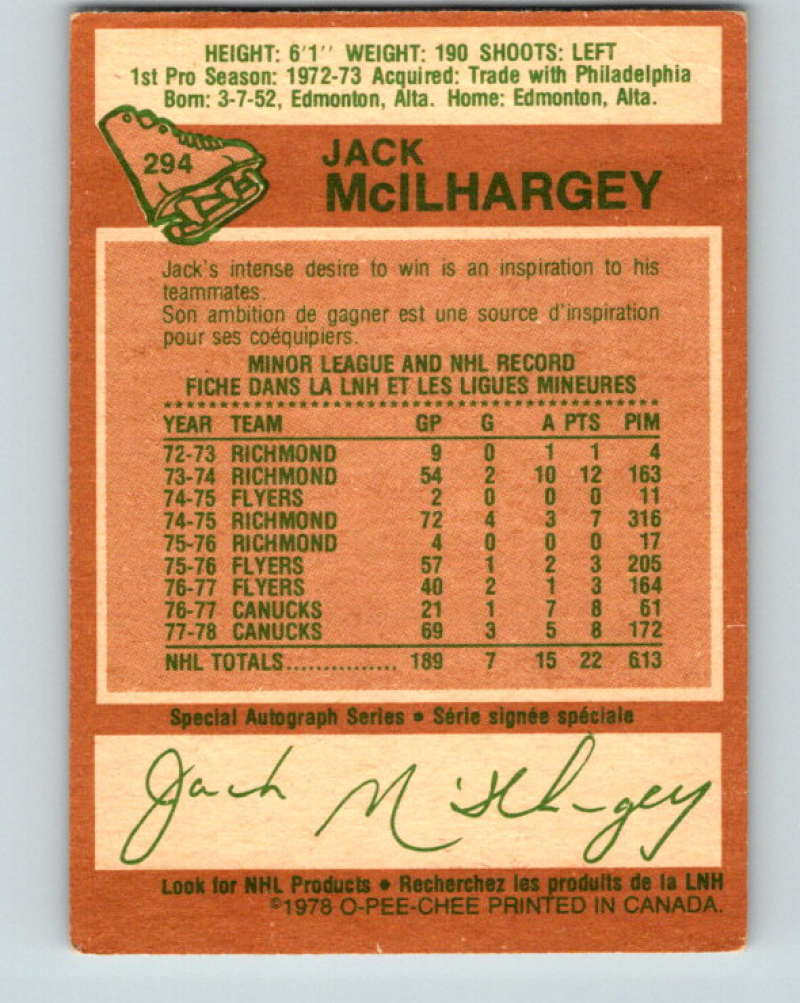 1978-79 O-Pee-Chee #294 Jack McIlhargey  RC Rookie  Canucks  8593
