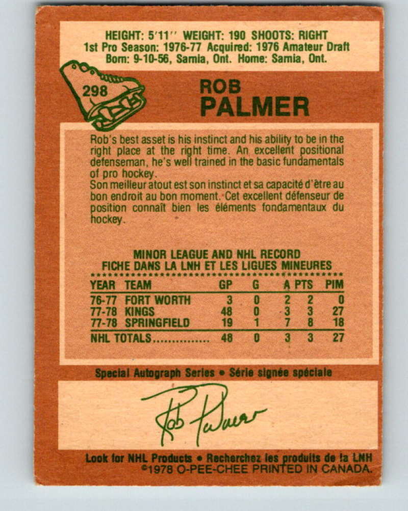 1978-79 O-Pee-Chee #298 Rob Palmer  RC Rookie Los Angeles Kings  8597