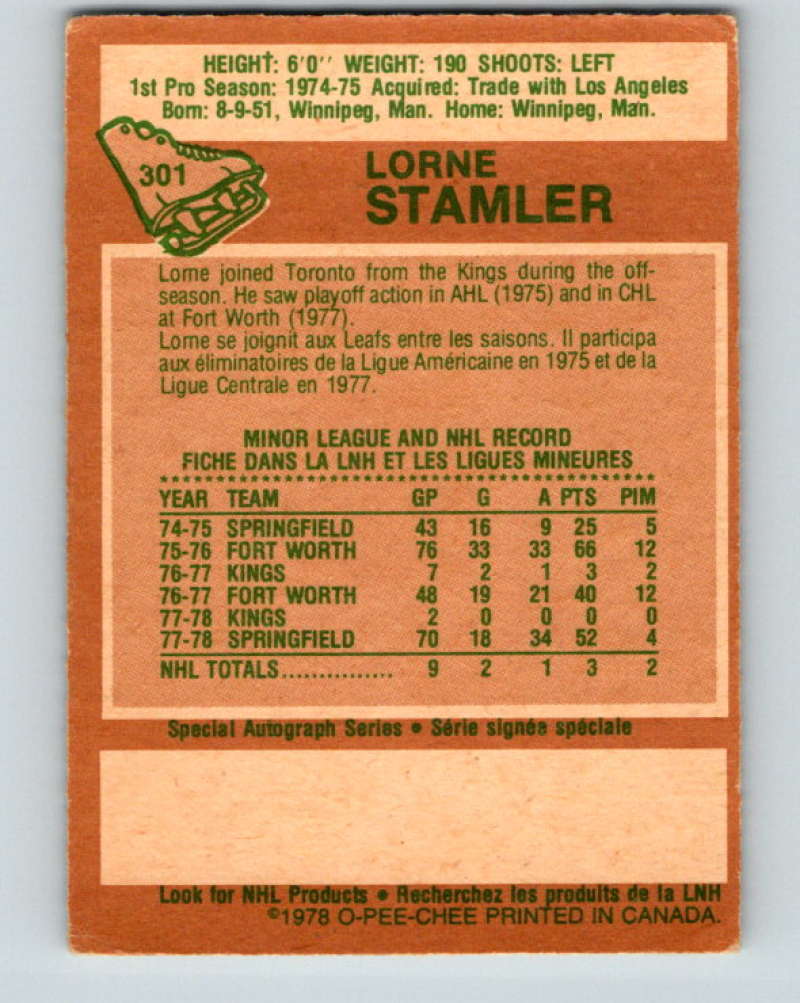 1978-79 O-Pee-Chee #301 Lorne Stamler  RC Rookie Toronto Maple Leafs  8600