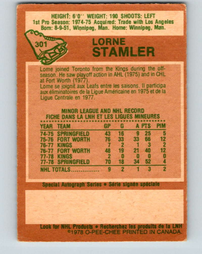 1978-79 O-Pee-Chee #301 Lorne Stamler RC Rookie Toronto Maple Leafs 8600