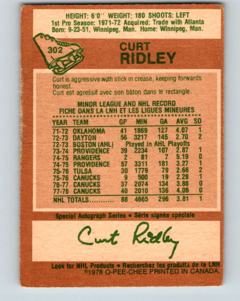 1978-79 O-Pee-Chee #302 Curt Ridley Vancouver Canucks 8601