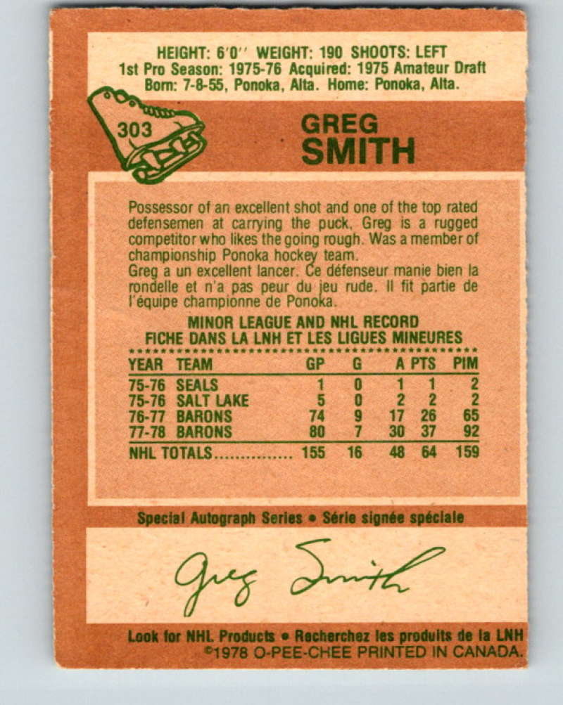 1978-79 O-Pee-Chee #303 Greg Smith  Minnesota North Stars  8602 Image 2
