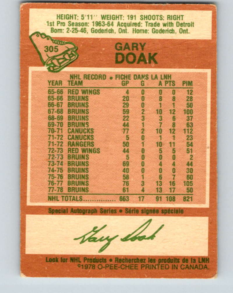 1978-79 O-Pee-Chee #305 Gary Doak  Boston Bruins  8604 Image 2