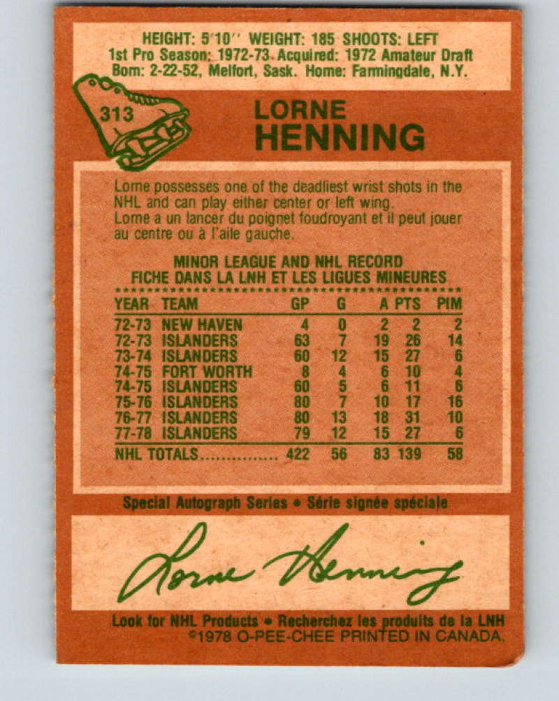 1978-79 O-Pee-Chee #313 Lorne Henning New York Islanders 8612 Image 2