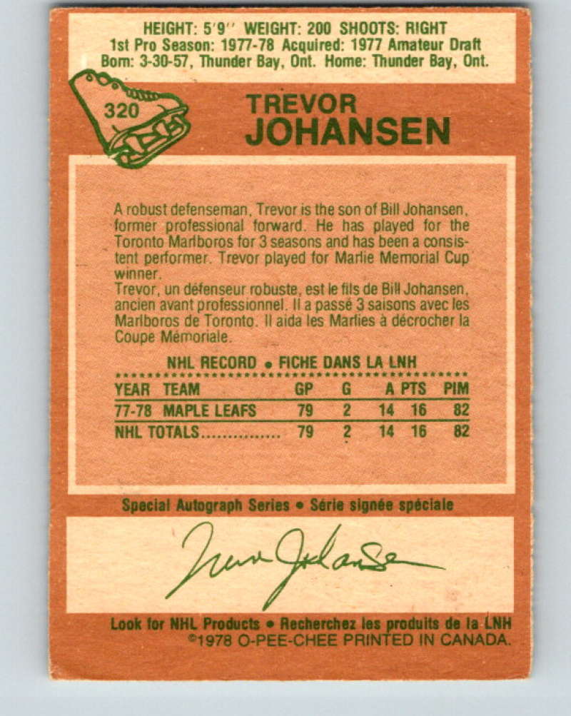 1978-79 O-Pee-Chee #320 Trevor Johansen RC Rookie Toronto Maple Leafs 8619