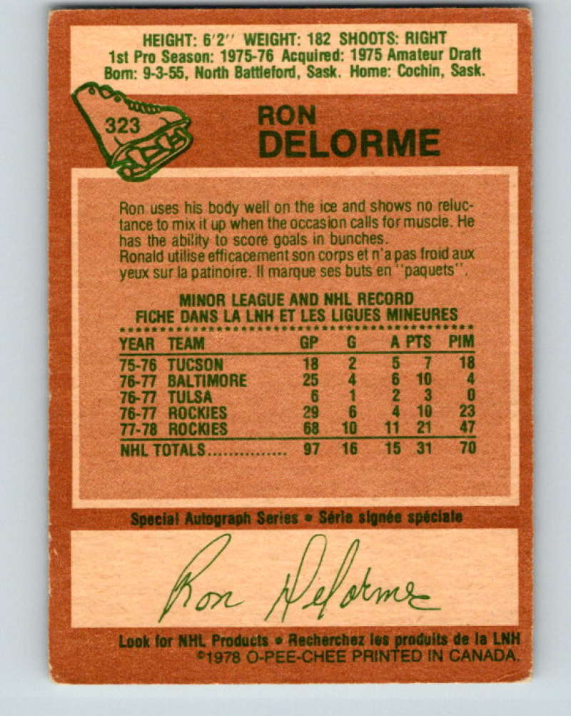 1978-79 O-Pee-Chee #323 Ron Delorme RC Rookie Colorado Rockies 8622
