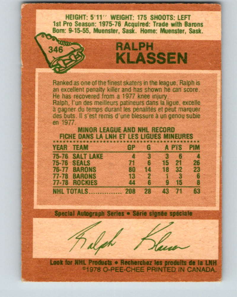 1978-79 O-Pee-Chee #346 Ralph Klassen Colorado Rockies 8645 Image 2