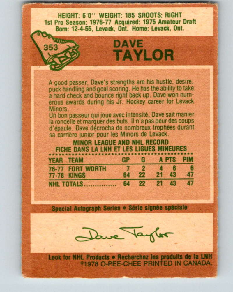 1978-79 O-Pee-Chee #353 Dave Taylor RC Rookie Los Angeles Kings 8652 Image 2