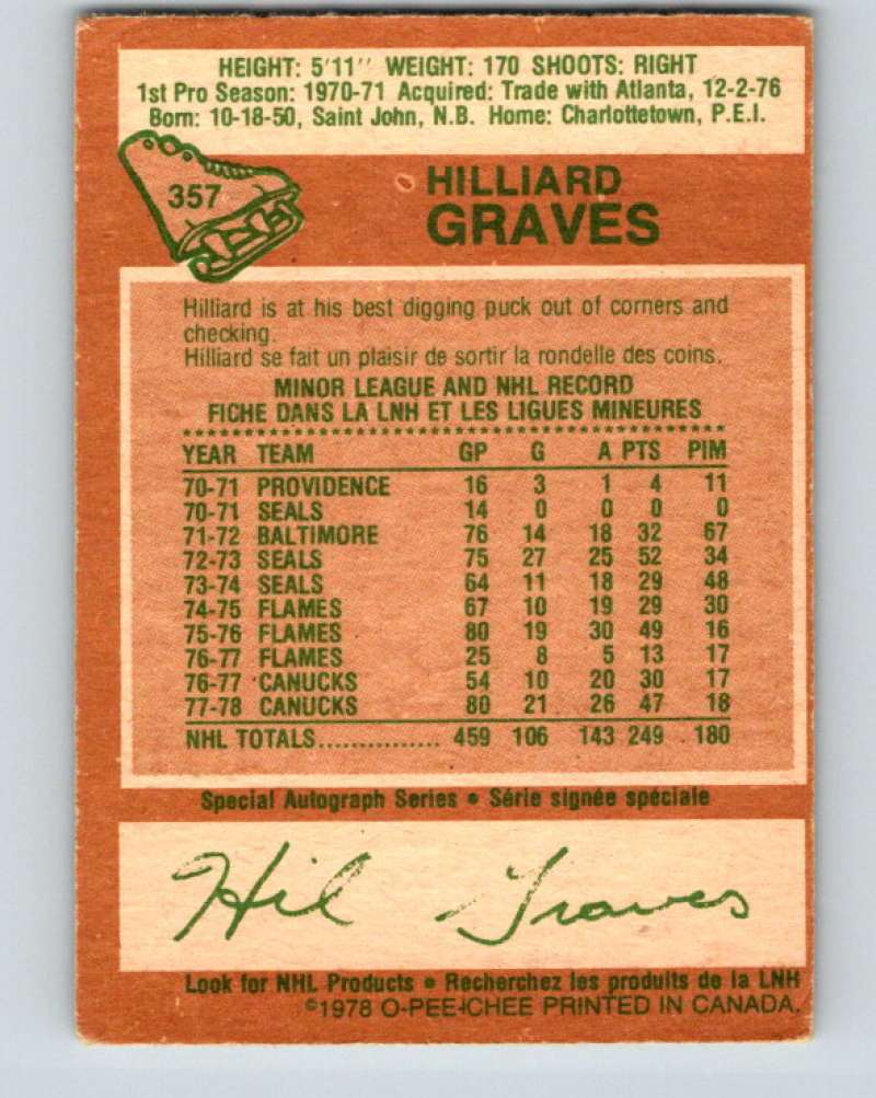 1978-79 O-Pee-Chee #357 Hilliard Graves Vancouver Canucks 8656 Image 2