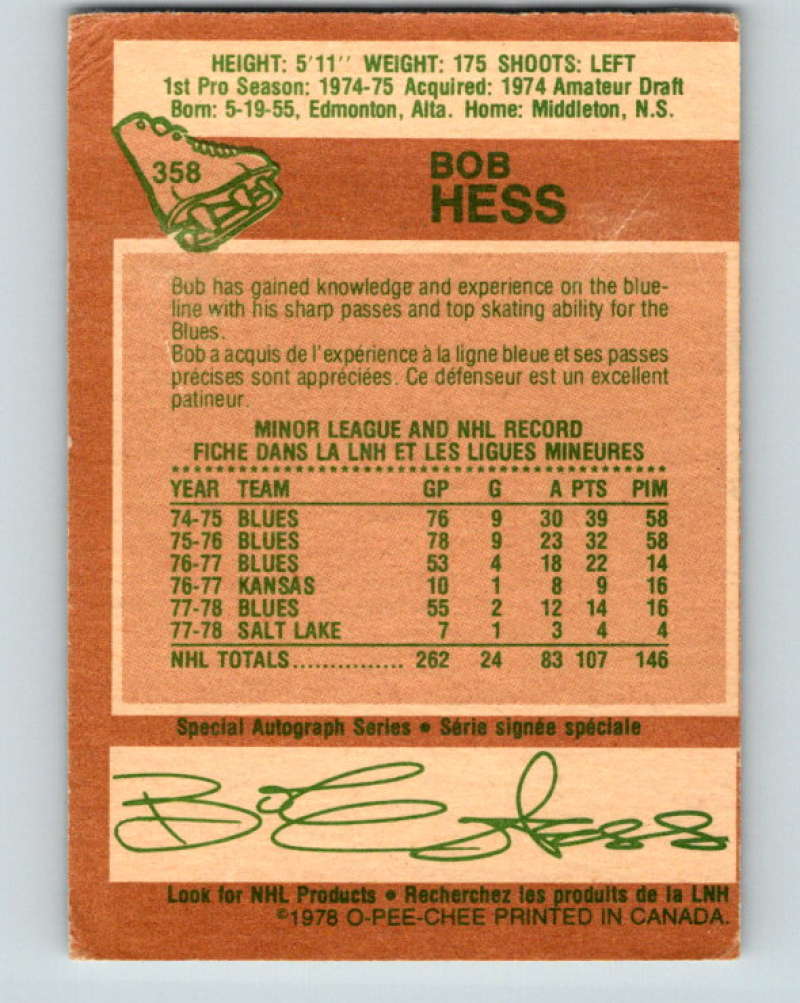 1978-79 O-Pee-Chee #358 Bob Hess St. Louis Blues 8657 Image 2