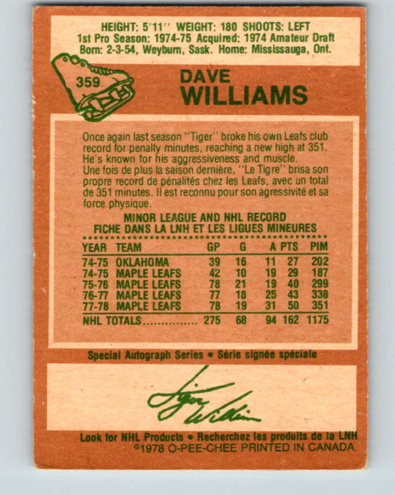 1978-79 O-Pee-Chee #359 Tiger Williams Toronto Maple Leafs 8658