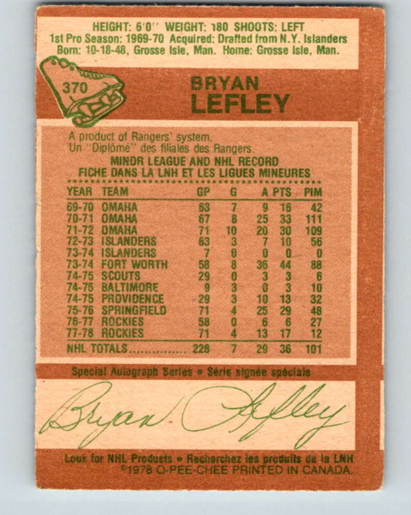 1978-79 O-Pee-Chee #370 Bryan Lefley Colorado Rockies 8669 Image 2