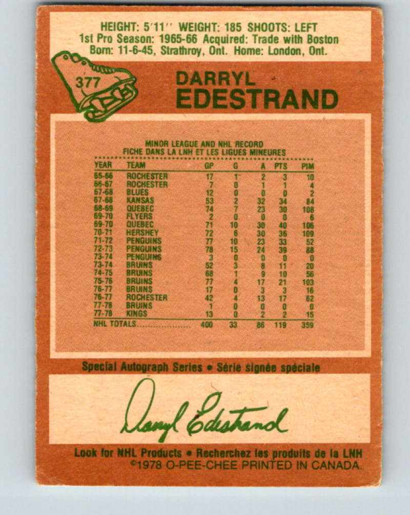 1978-79 O-Pee-Chee #377 Darryl Edestrand Los Angeles Kings 8676 Image 2