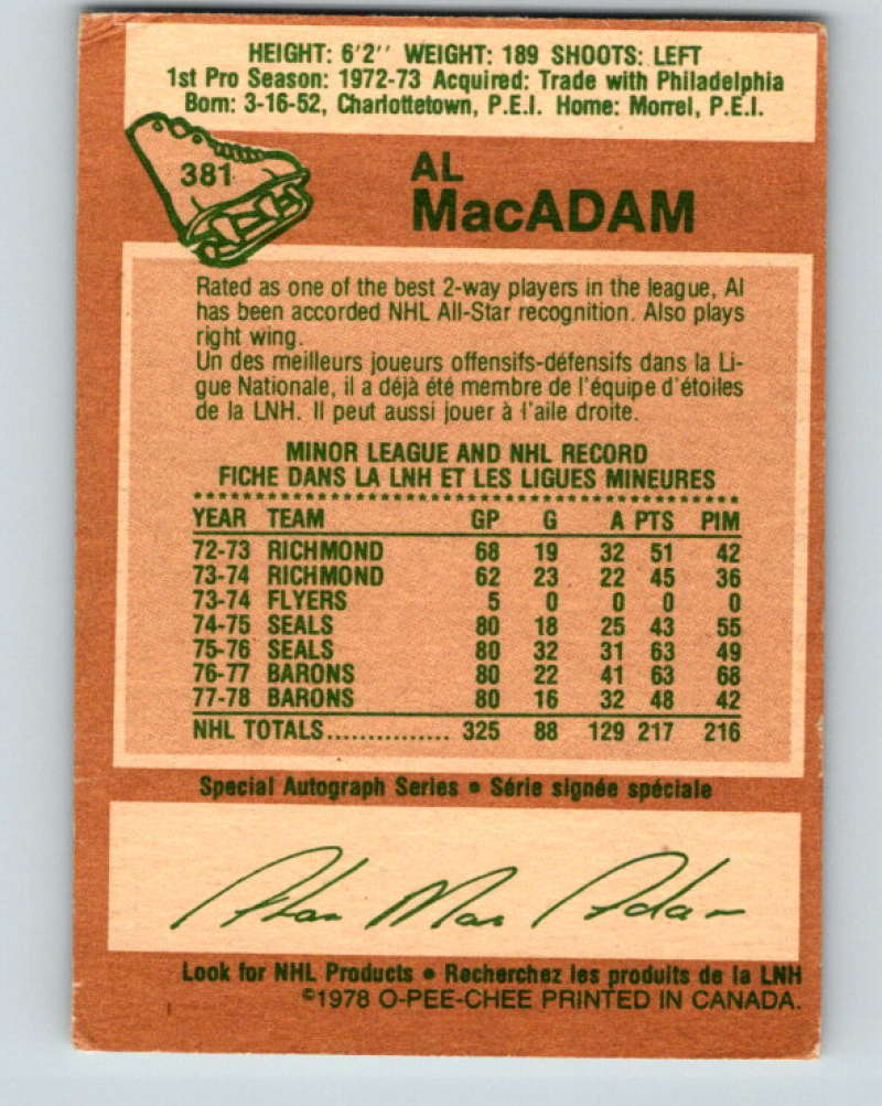 1978-79 O-Pee-Chee #381 Al MacAdam Minnesota North Stars 8680 Image 2