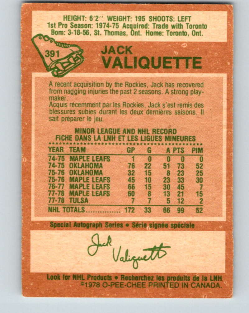 1978-79 O-Pee-Chee #391 Jack Valiquette Colorado Rockies 8690 Image 2