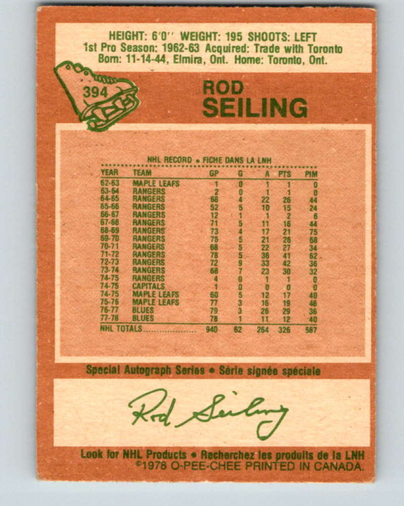 1978-79 O-Pee-Chee #394 Rod Seiling Atlanta Flames 8693 Image 2