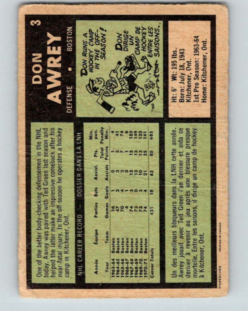 1971-72 O-Pee-Chee #3 Don Awrey Boston Bruins 8698