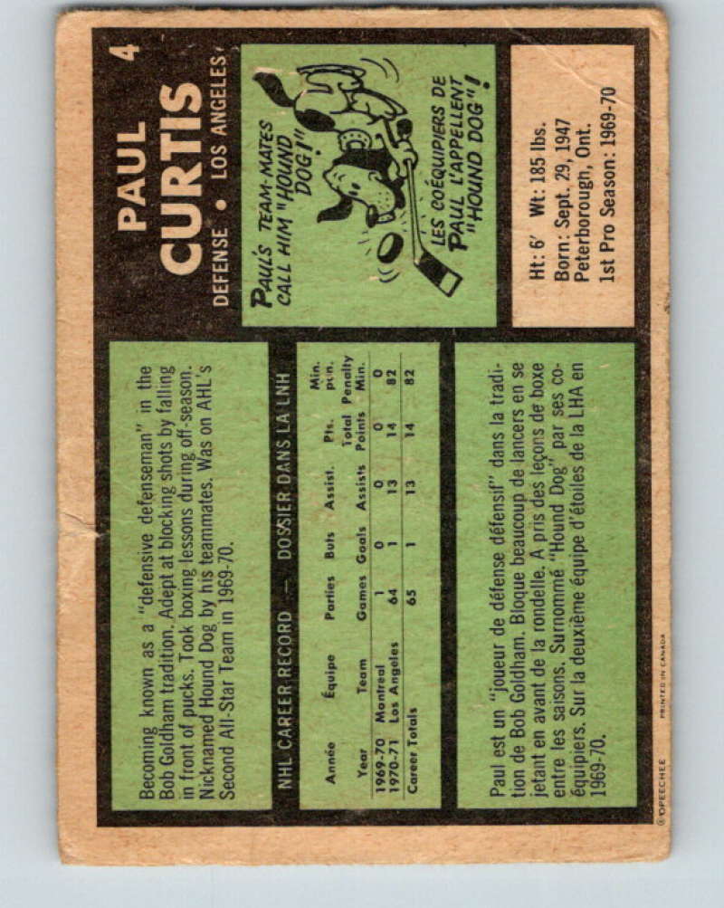 1971-72 O-Pee-Chee #4 Paul Curtis RC Rookie Los Angeles Kings 8699