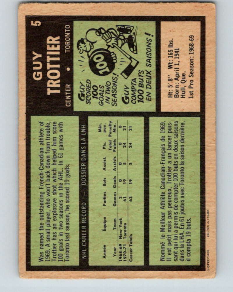 1971-72 O-Pee-Chee #5 Guy Trottier RC Rookie Toronto Maple Leafs 8700