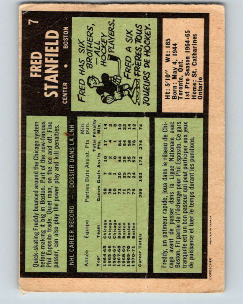 1971-72 O-Pee-Chee #7 Fred Stanfield Boston Bruins 8702 Image 2