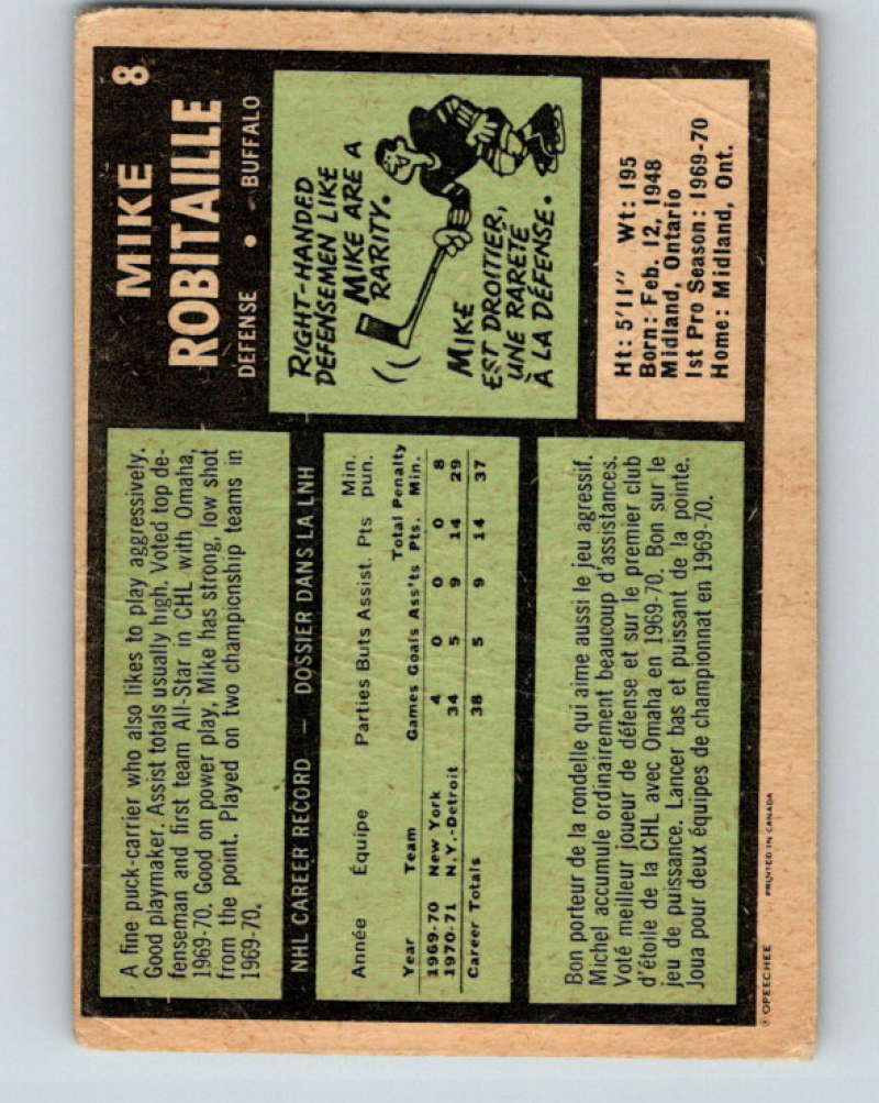 1971-72 O-Pee-Chee #8 Mike Robitaille RC Rookie Buffalo Sabres 8703 Image 2