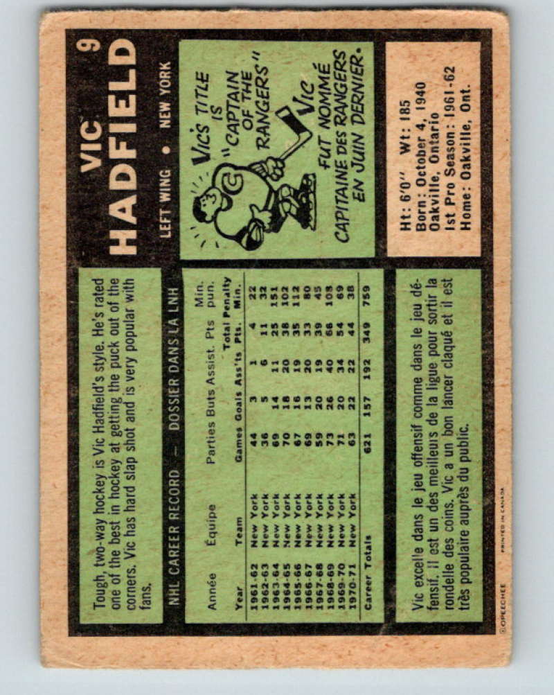 1971-72 O-Pee-Chee #9 Vic Hadfield New York Rangers 8704 Image 2