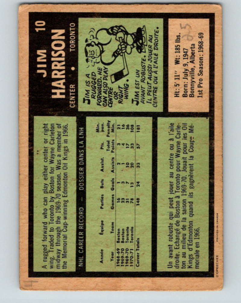 1971-72 O-Pee-Chee #10 Jim Harrison Toronto Maple Leafs 8705