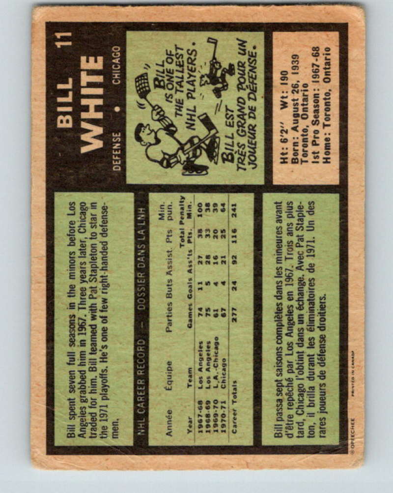 1971-72 O-Pee-Chee #11 Bill White Chicago Blackhawks 8706