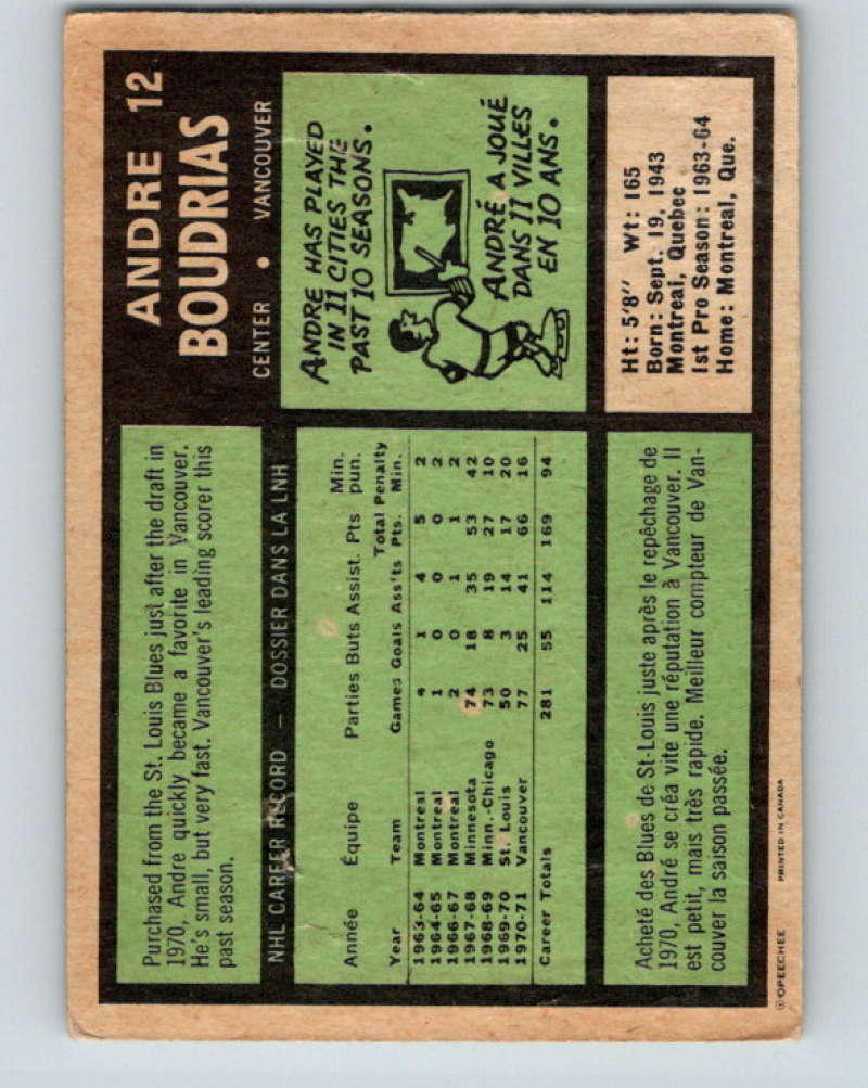 1971-72 O-Pee-Chee #12 Andre Boudrias Vancouver Canucks 8707