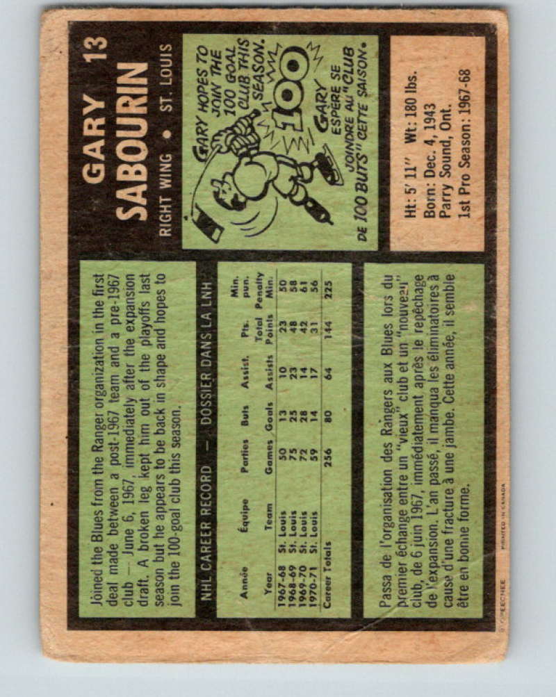 1971-72 O-Pee-Chee #13 Gary Sabourin St. Louis Blues 8708