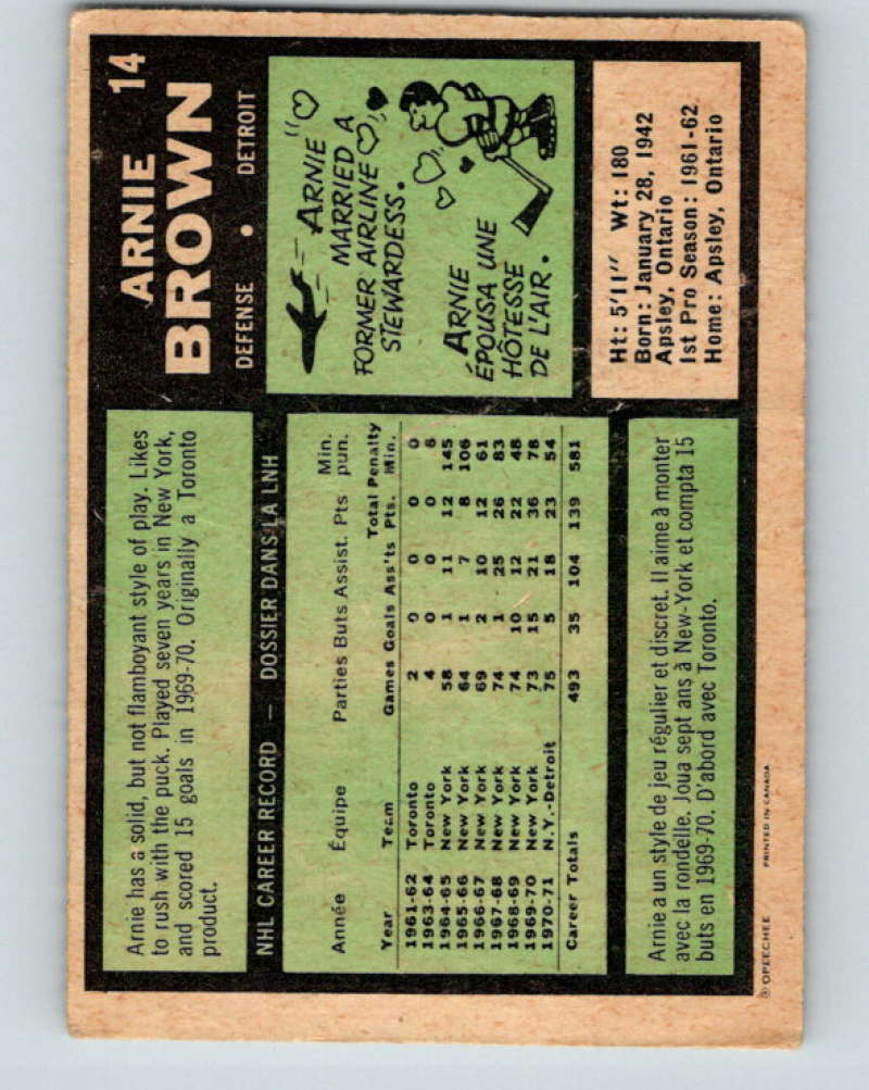1971-72 O-Pee-Chee #14 Arnie Brown Detroit Red Wings 8709