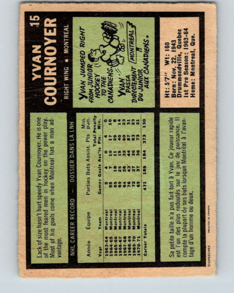 1971-72 O-Pee-Chee #15 Yvan Cournoyer Montreal Canadiens 8710