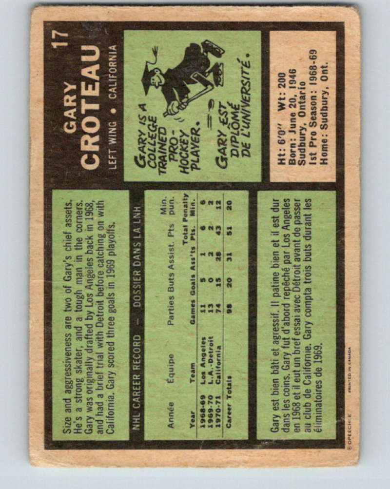 1971-72 O-Pee-Chee #17 Gary Croteau California Golden Seals 8712 Image 2
