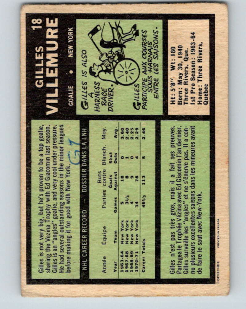 1971-72 O-Pee-Chee #18 Gilles Villemure New York Rangers 8713